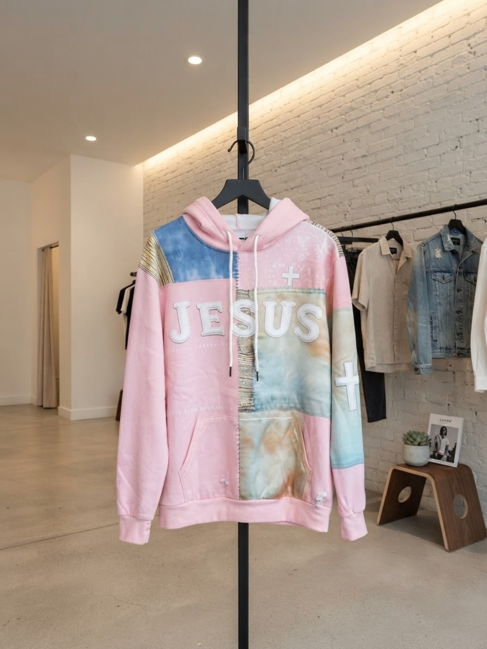 Jil Sander Pink Multicolor Patchwork Hoodie with Raised JESUS Lettering